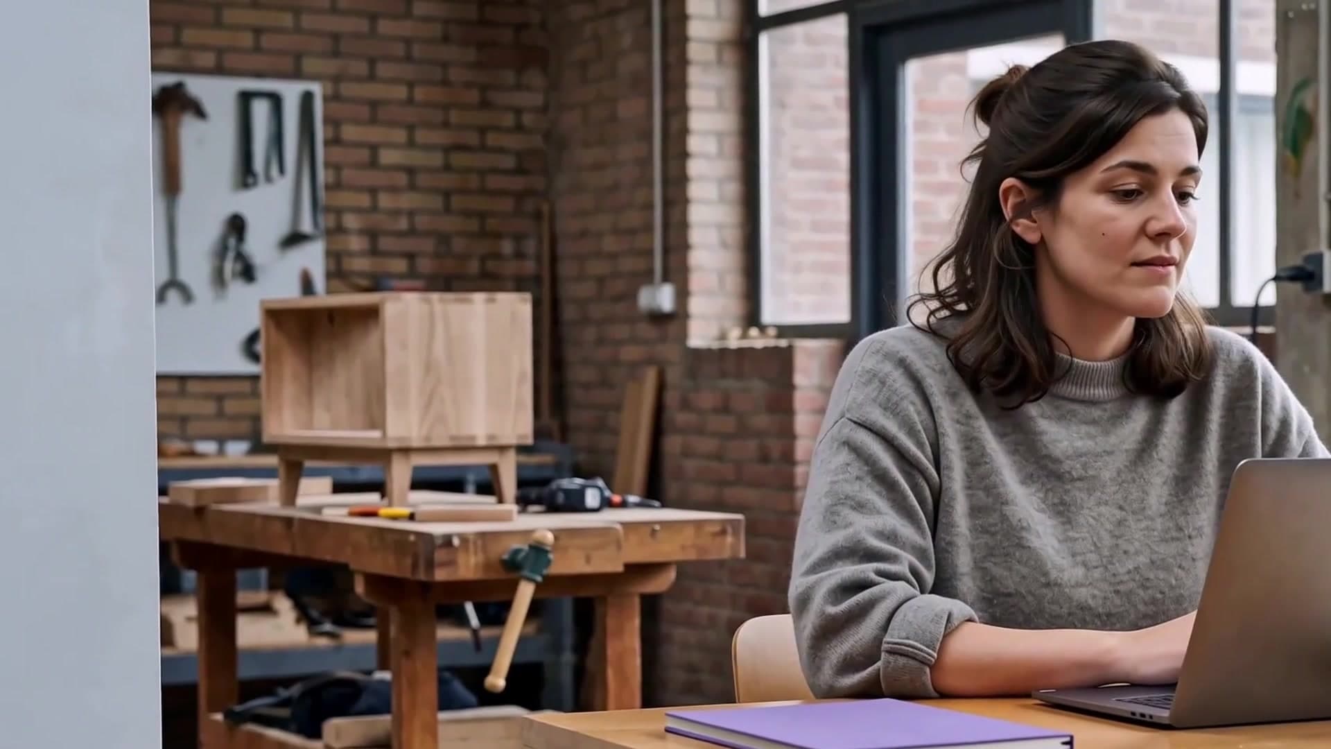 An entrepreneur working at a laptop in a light-filled workshop.